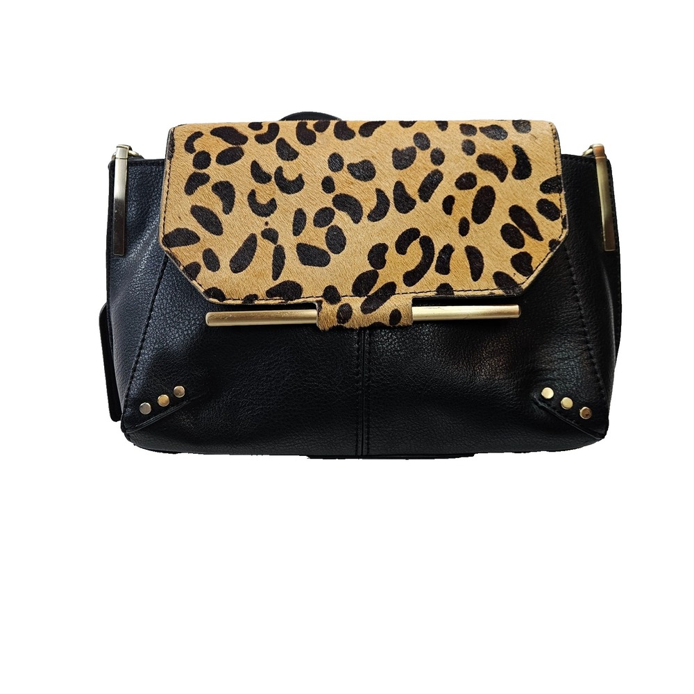 Sole Society Black Faux Leather Leopard Calf Hair Crossbody Bag Gold Chain Strap